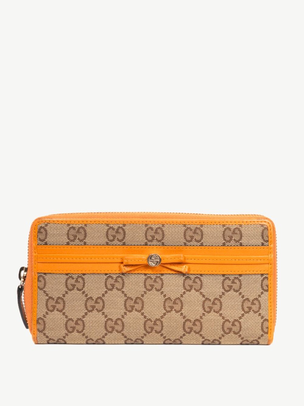 Gucci Beige & Ebony Orange-Trim GG Canvas Bow Wallet